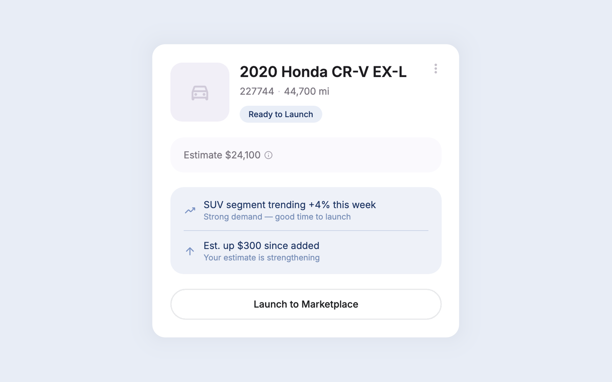 Vehicle card showing estimate with comps and live market-signal rows